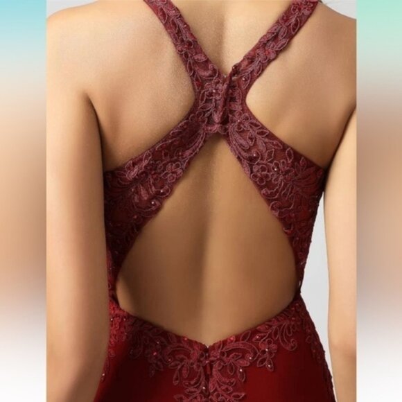 Alyce Paris burgundy lace formal slit leg jersey gown 6 O18 - Picture 2 of 16